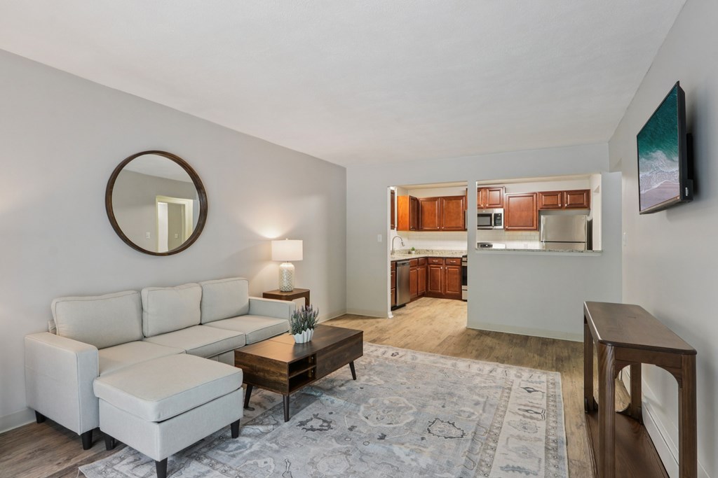 Living Area With Kitchen at Heritage at the River, Manchester, NH