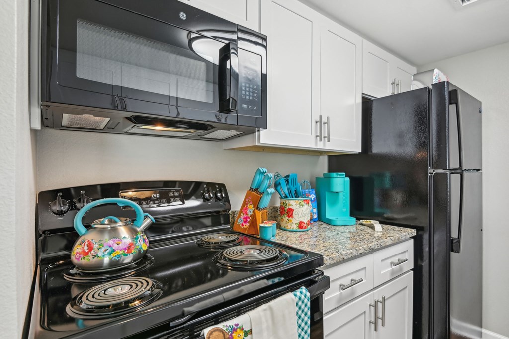 a kitchen with a stove and microwave and a refrigerator at The Glen at Highpoint, Dallas, 75243