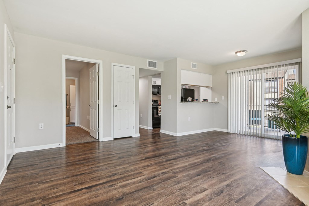 an empty living room with a potted plant in the corner at The Glen at Highpoint, Dallas, 75243