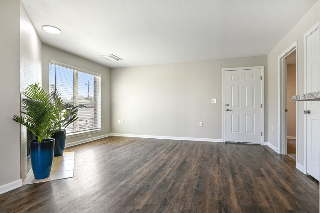 an empty living room with a potted plant and a white door at The Glen at Highpoint, Dallas, 75243