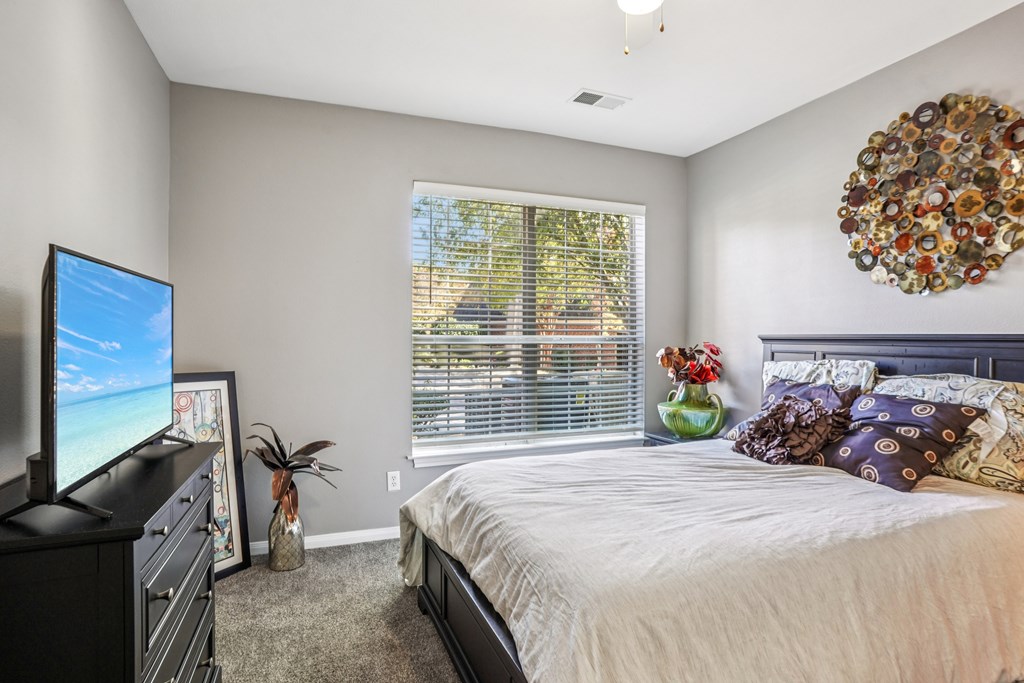A bedroom with a large bed, a television, and a window with blinds.