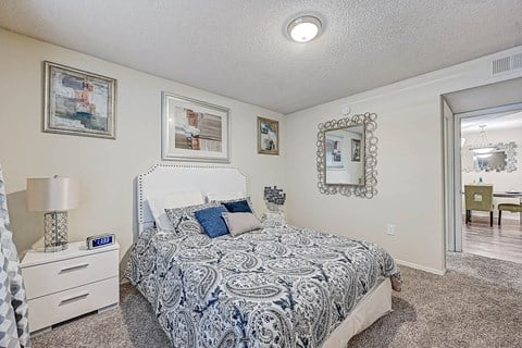 Bedroom with Ceiling Fan at St. Johns Forest Apartments, Jacksonville, FL
