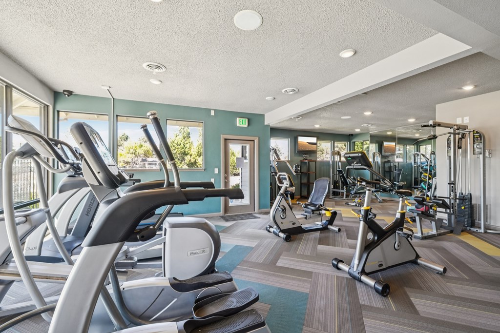 A gym with treadmills, elliptical machines, and other exercise equipment.