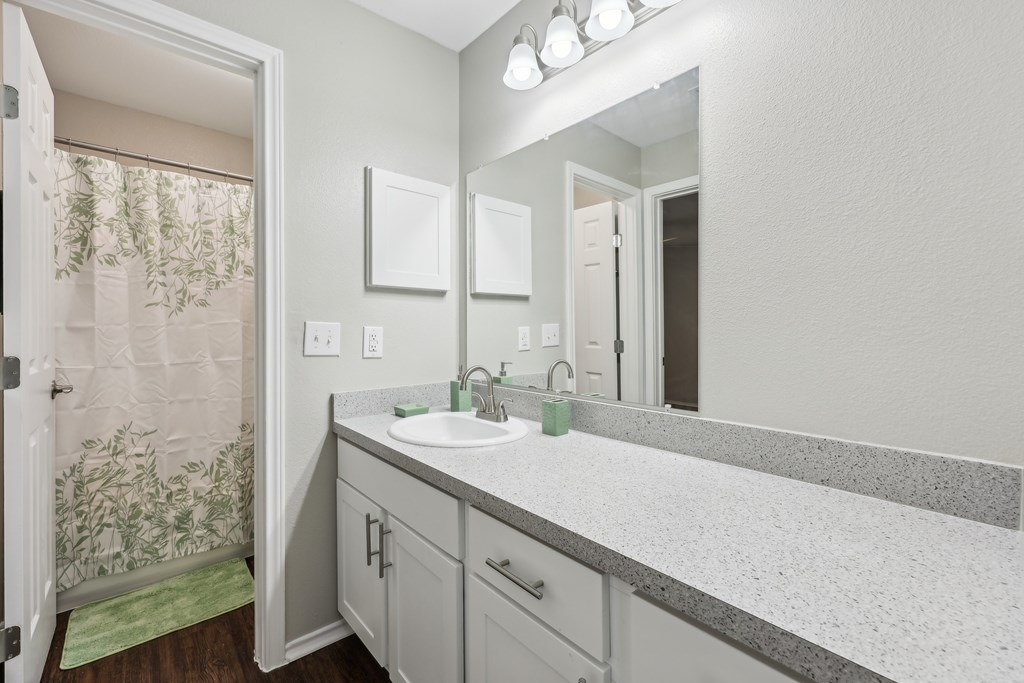 A bathroom with a sink, mirror, and shower curtain at The Willows on Rosemeade, Dallas, TX 75287