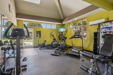 A gym with a variety of exercise equipment including treadmills, stationary bikes, and weight machines.