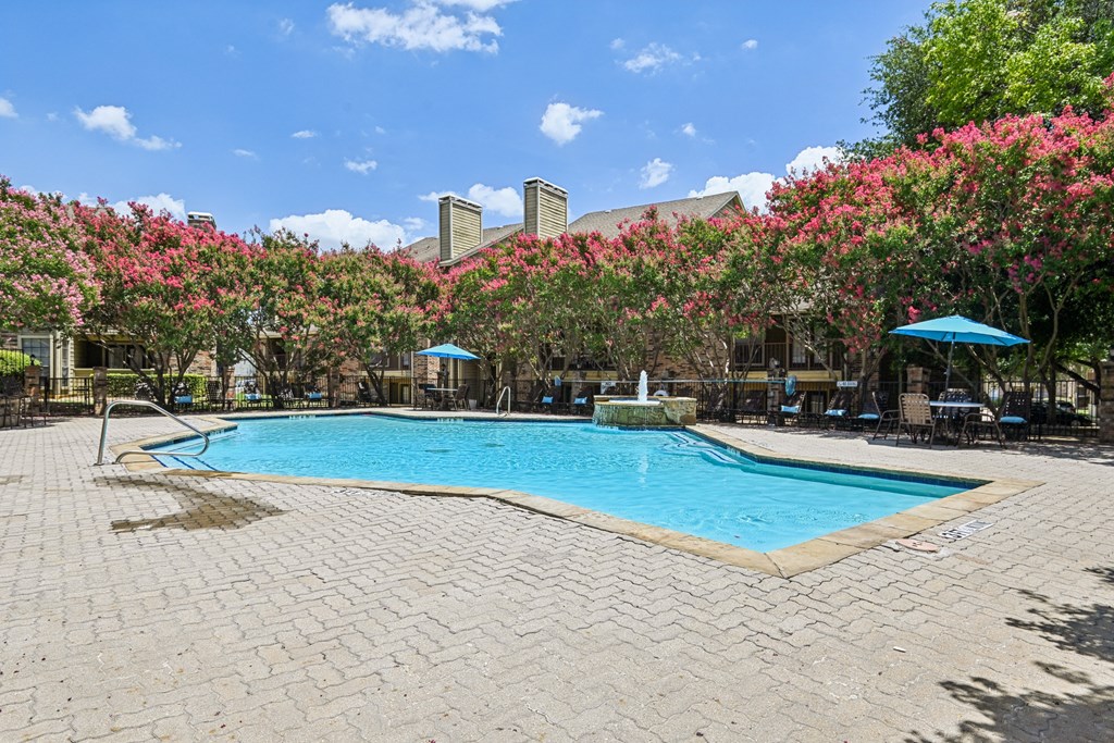 A pool surrounded by trees with pink flowers. at The Glen, Lewisville, 75067