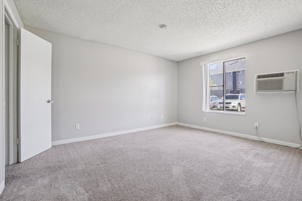 A room with a carpeted floor and a window showing a street view.