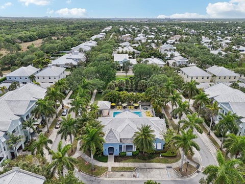 A bird's eye view of a residential area with a swimming pool surrounded by palm trees.