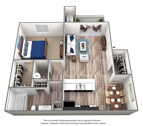 1 Bedroom X 1 Bath - 734 Sq. Ft. Floor Plan - A1at Villa Serena, Henderson, 89014