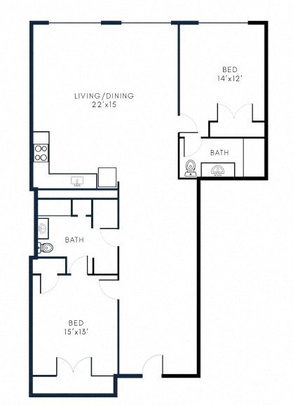 B10 2 Bed 2 Bath Floor Plan Layout at Riverwalk Apartments, 01843