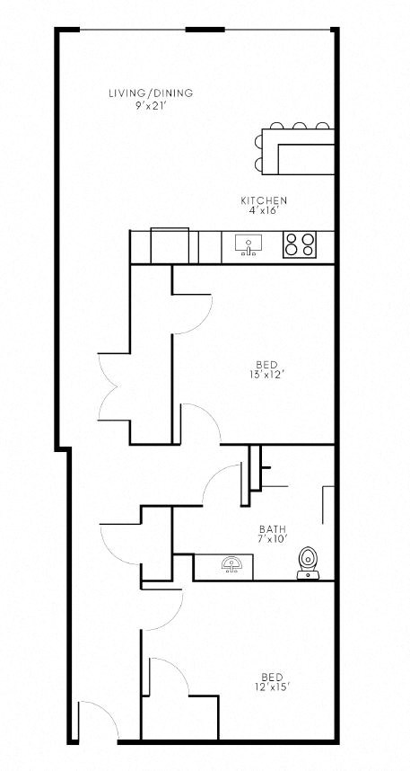 B7 2 Bed 1 Bath Floor Plan Layout at Riverwalk Apartments, Lawrence