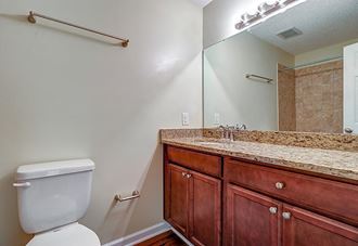 Bathroom with a toilet sink and mirror at River Crossing Apartments, Georgia