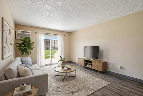 A living room with a grey couch, a wooden coffee table, a flat screen TV and a plant.