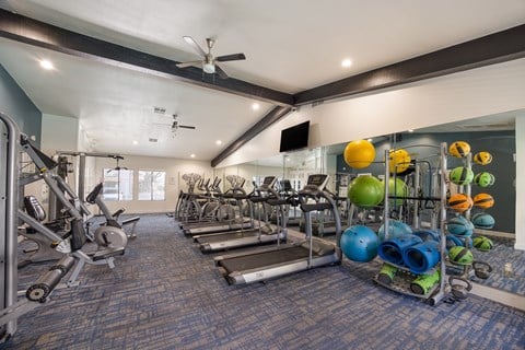Gym with weights and cardio equipment and a ceiling fan at 2900 Lux Apartment Homes, Nevada