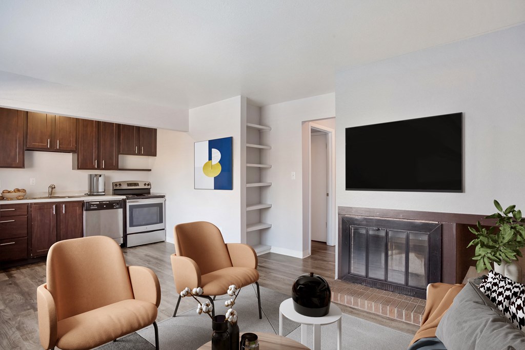 Living room with a fireplace at Governor's Park, Fort Collins, 80525