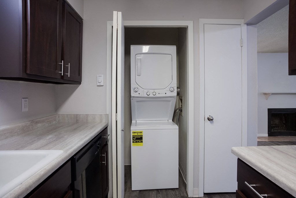 Washer and dryer in a small room in a kitchen  at Governor's Park, Fort Collins, 80525