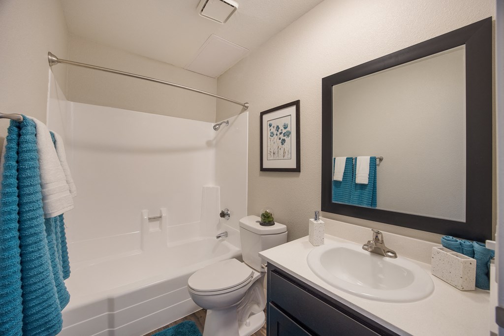 Bathroom with sink toilet and tub at 2900 Lux Apartment Homes, Nevada