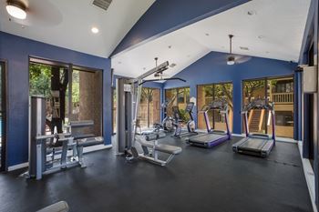 Gym with exercise equipment and windows at Mountain Run Apartments, New Mexico, 87111