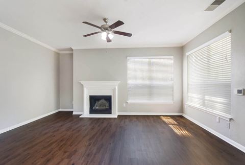 Living Room with Ceiling Fan and Fireplace at Bridford Lake Apartments, Greensboro, North Carolina