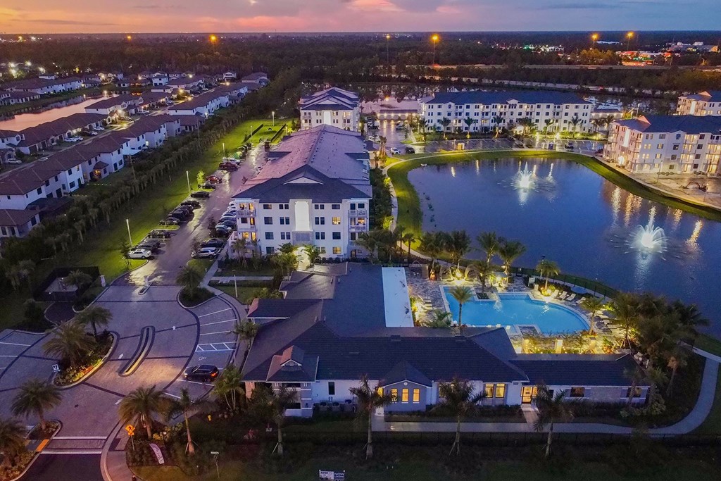 Night Aerial View of Property and Lake at Edge75, Naples, Florida 34104