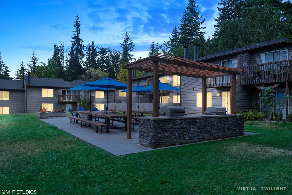 Twilight View of Patio at North Creek Apartments, Washington, 98208