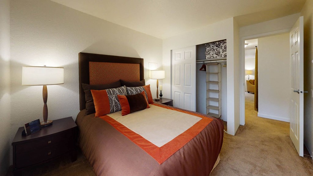 Bedroom with cozy bedat North Creek Apartments, Washington, 98208