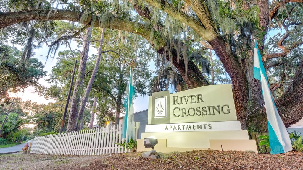 Property Entrance Signature at River Crossing Apartments, Thunderbolt, GA, 31404