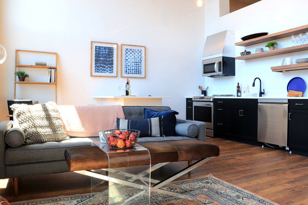 Living and Kitchen Spaces at Riverwalk Apartments, Massachusetts