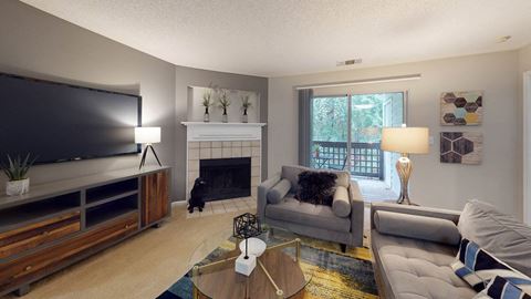 Living Room with Fireplace at University Ridge Apartments, Durham, 27707