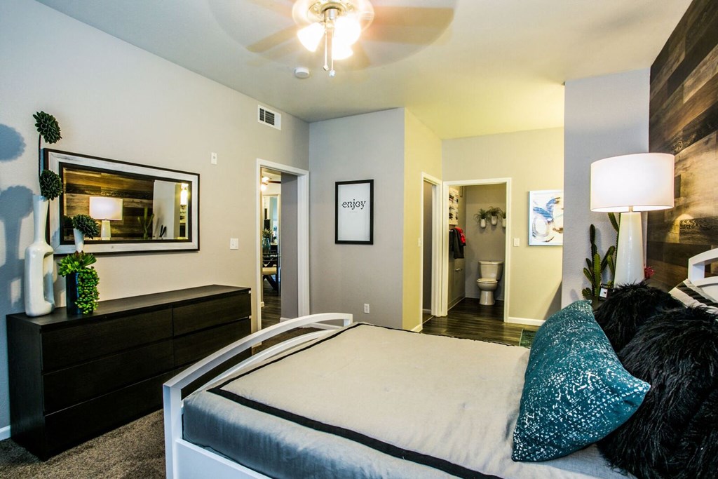 Bedroom with ceiling lights and fanat Villa Serena, Henderson, 89014