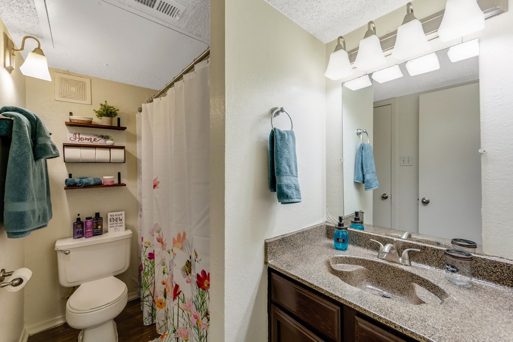 a bathroom with a sink and a toilet and a mirror at The Glen Apartments, Texas, 75067
