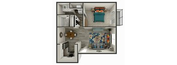 A 3D rendered image of a modern apartment layout.