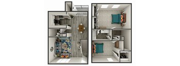 A diagram of a small apartment with a bedroom and a living room.