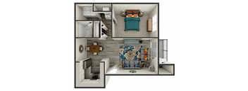 A 3D rendered image of a small apartment layout.