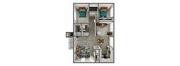 A top-down view of a small apartment with a kitchen, living room, and bathroom.