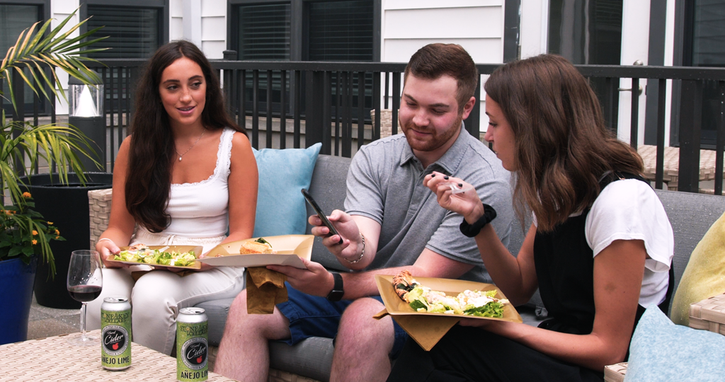 Residents enjoying lunch on the outdoor patio at The View at Old City, Pennsylvania