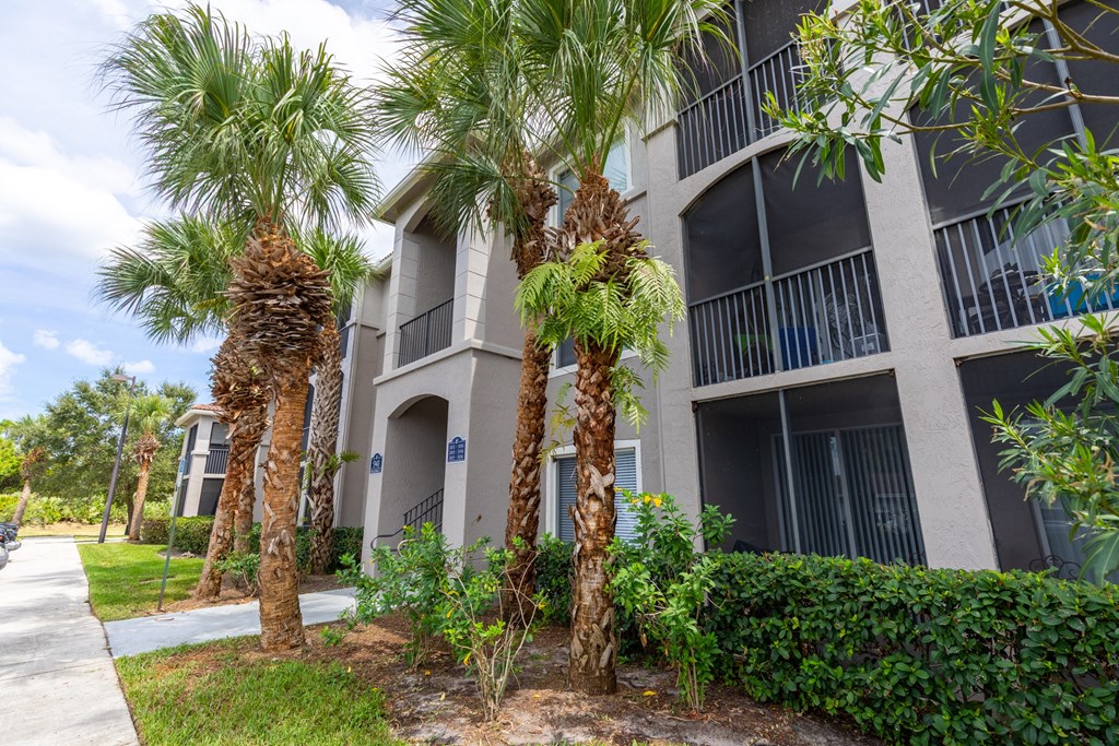 an apartment building with palm trees in front of it at Heritage Bay, Florida, 34957