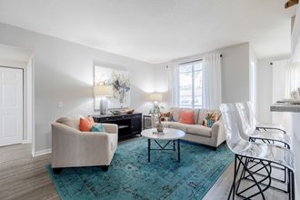 a living room with white walls and a turquoise rug - Photo Gallery 2