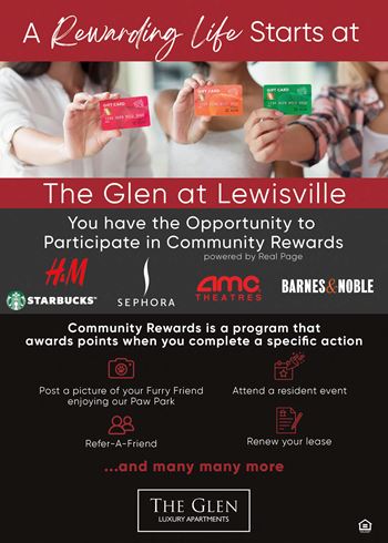 A poster advertising a community rewards program at The Glen at Lewisville.