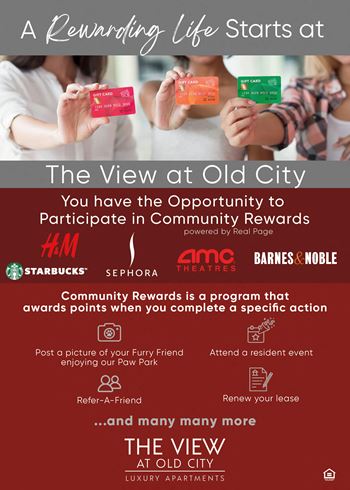 A poster advertising a community rewards program at Old City Luxury Apartments.