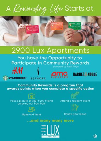 A poster advertising a community rewards program at 2900 Lux Apartments.