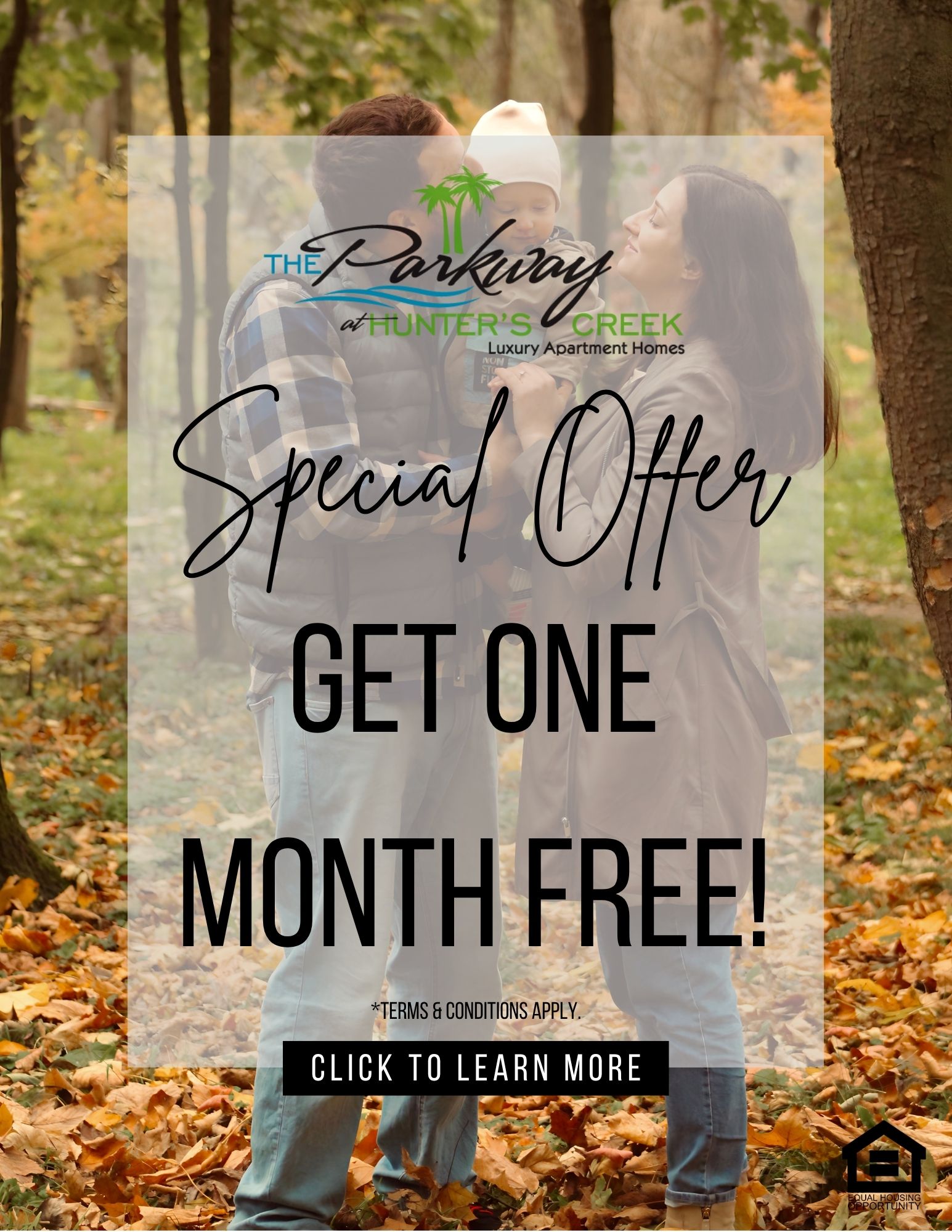 A promotional image for The Parking at Hunter's Creek Luxury Apartment Homes offering a one month free special offer.
