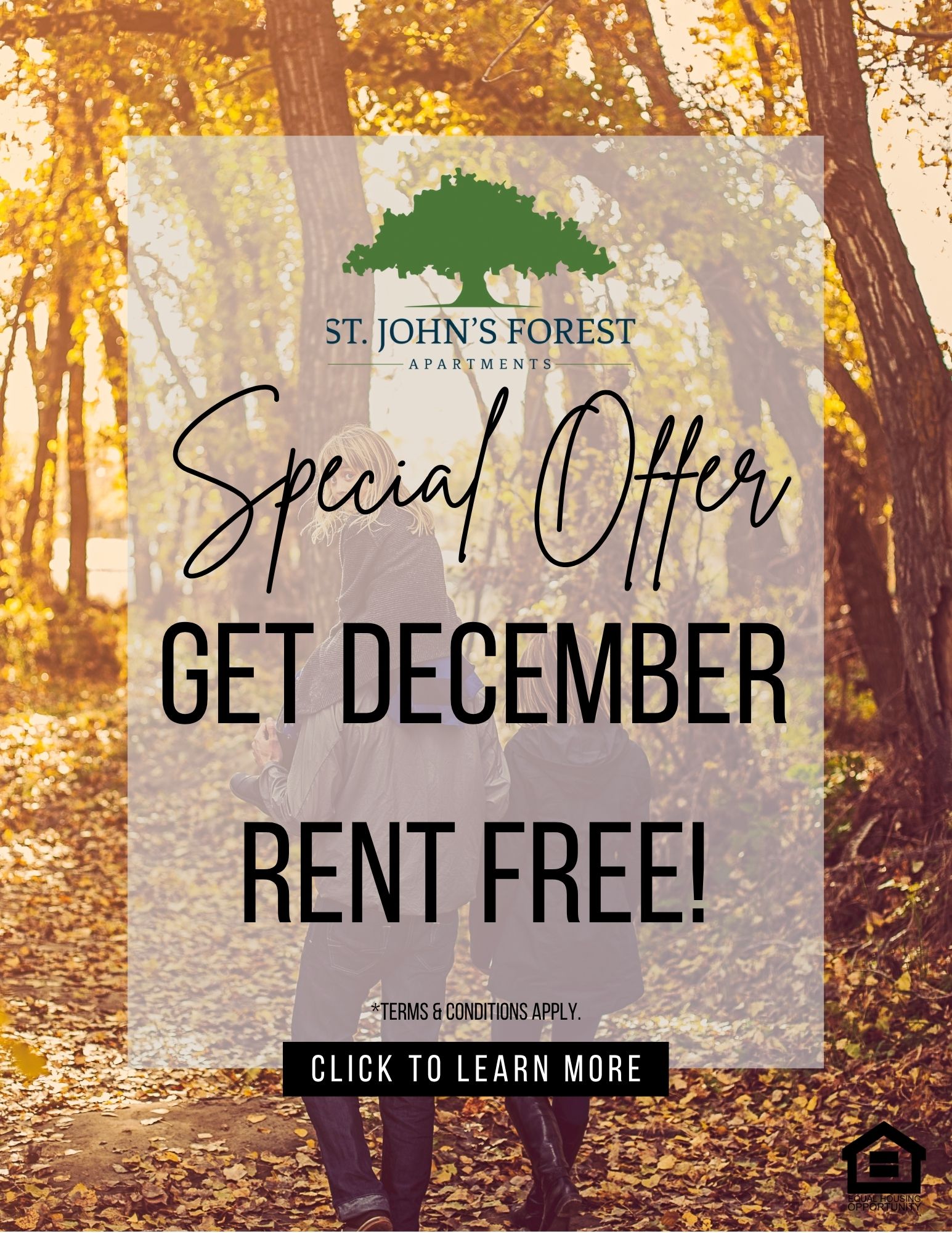 A promotional image for St. John's Forest Apartments offering a December rent-free deal.
