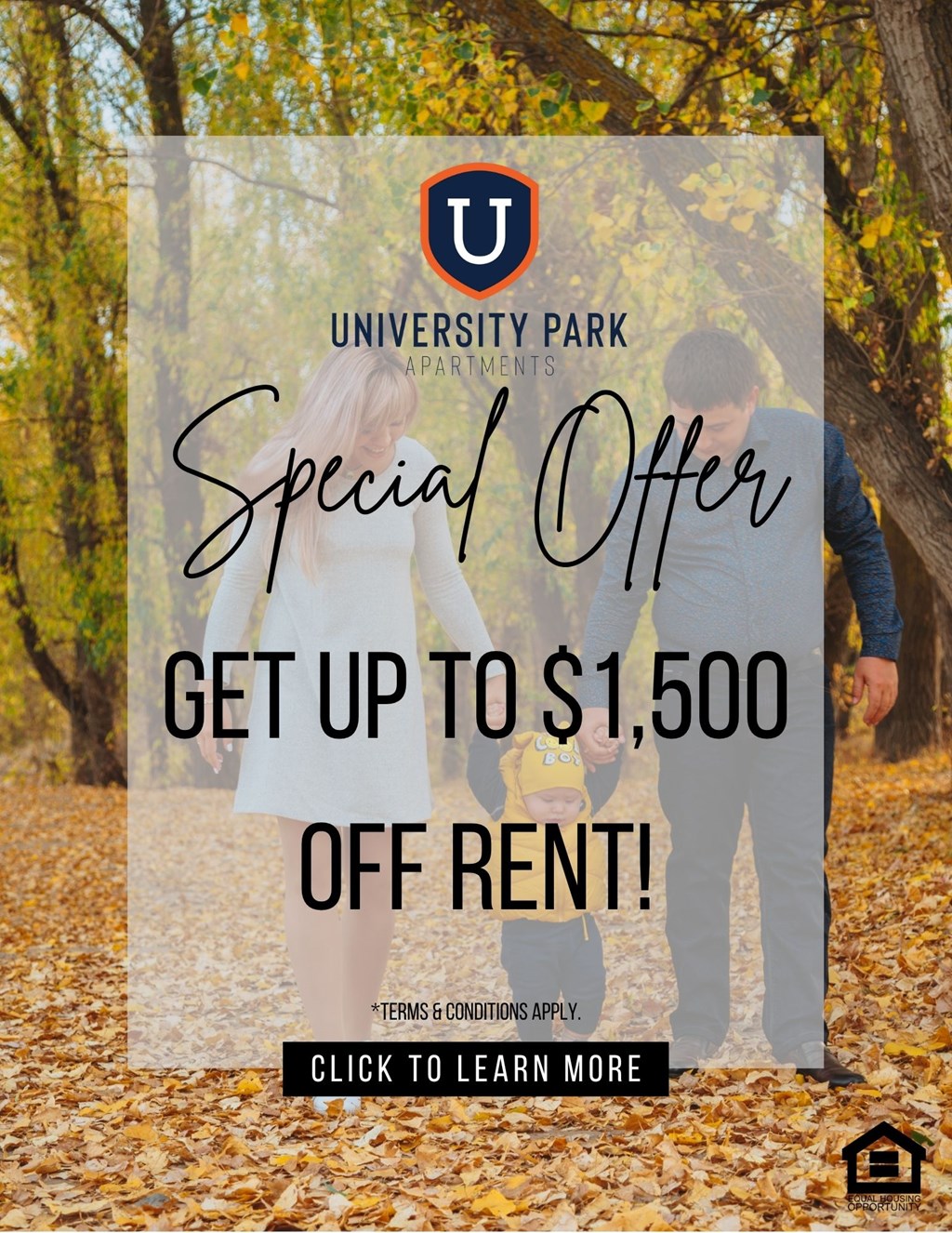 A promotional image for a special offer on rent at University Park Apartments.
