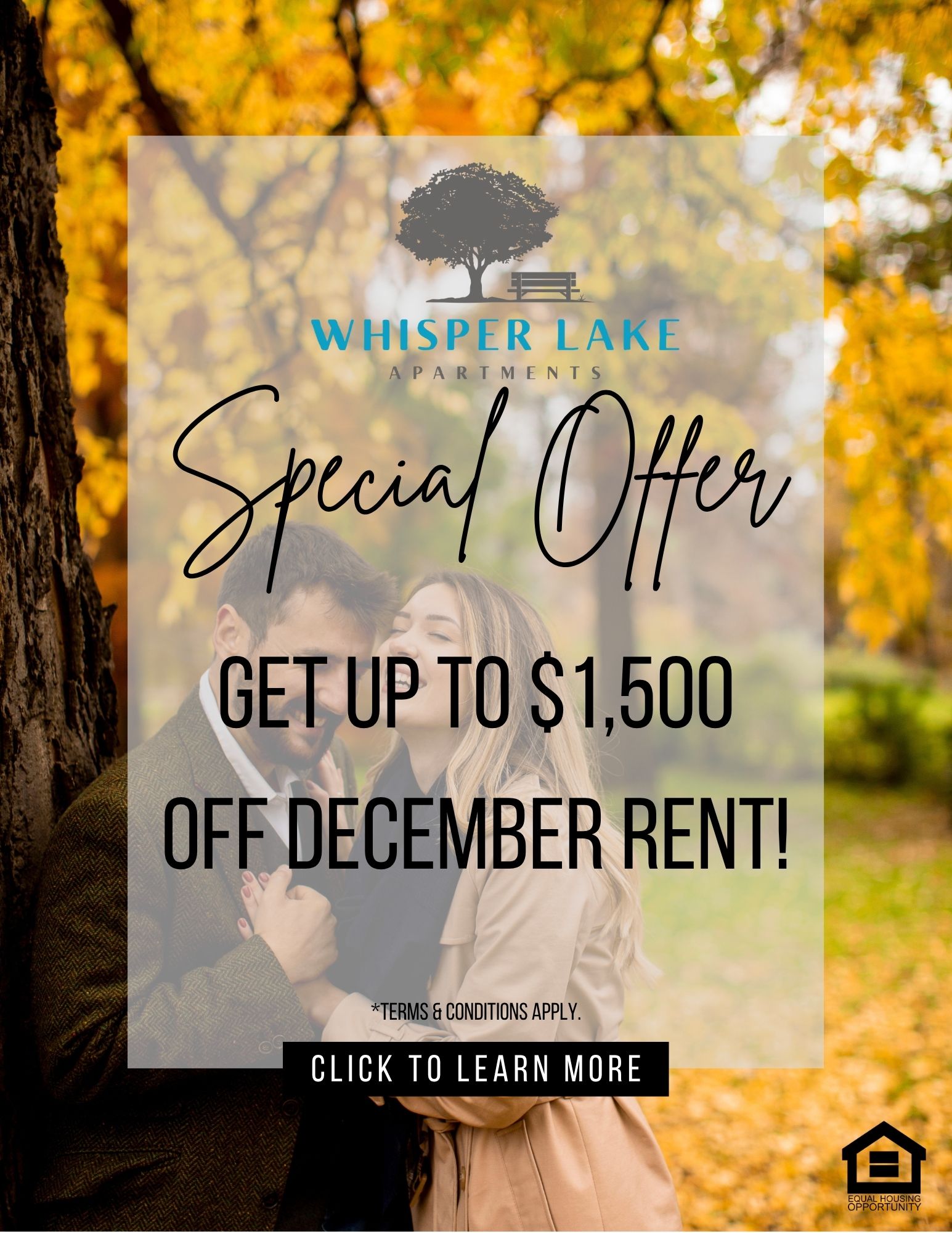 A promotional image for Whisper Lake Apartments offering a special offer on December rent.