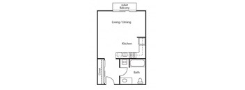 A floor plan of a Juliet balcony apartment with a living/dining area, kitchen, bathroom, and closet.