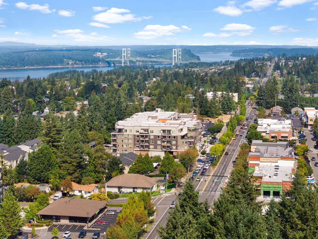A cityscape with a large body of water and a bridge in the distance.