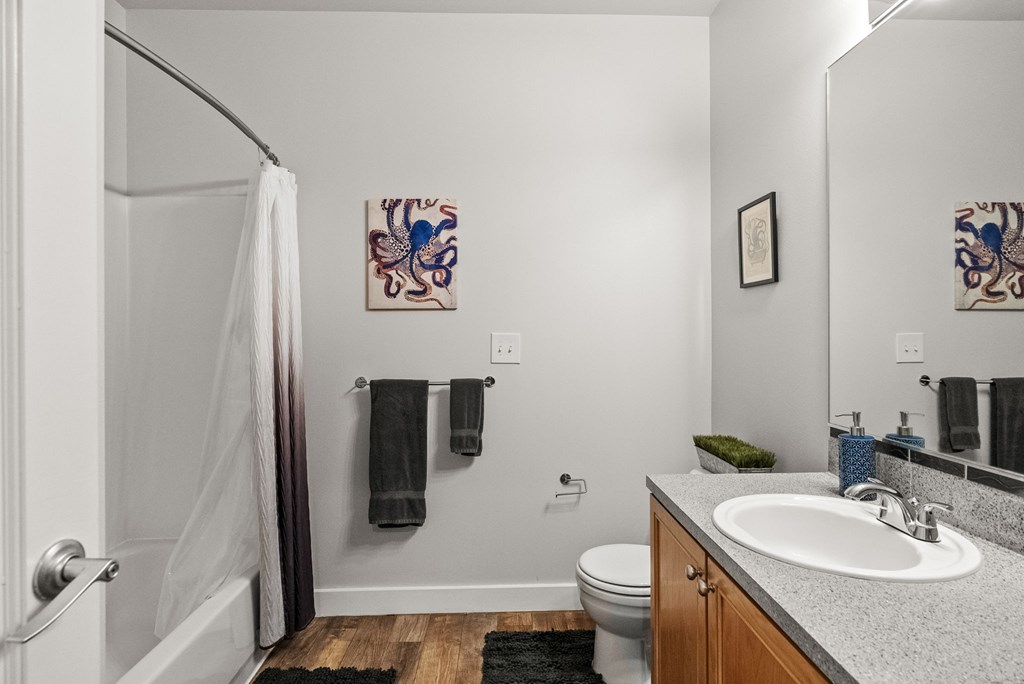 A bathroom with a toilet, sink, and shower.