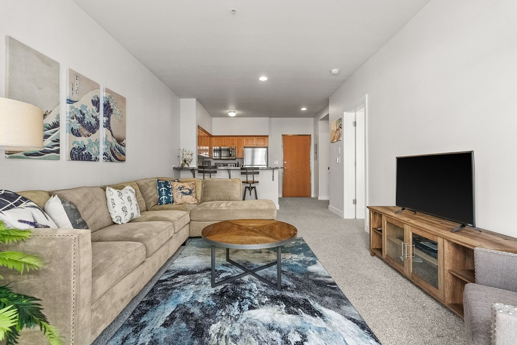 A living room with a couch, a coffee table, and a television.