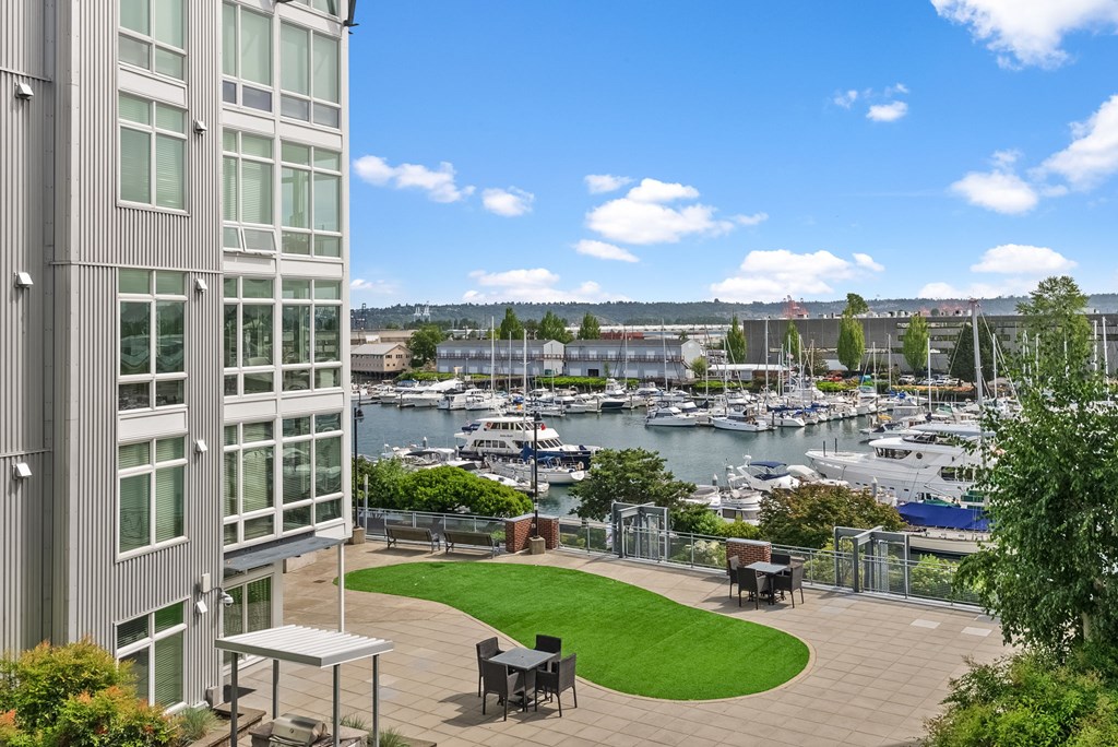 A view of a marina from a high-rise building.